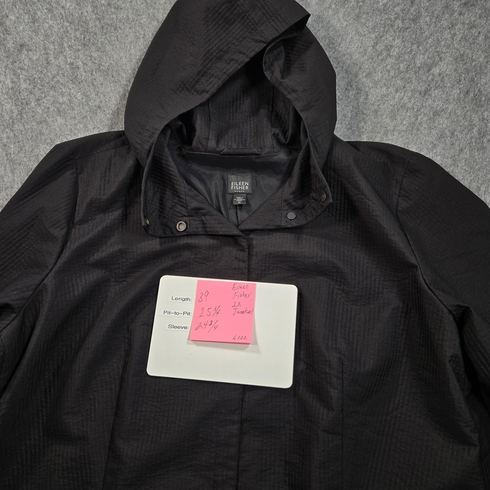 Eileen Fisher Coat Womens 2X Black Hooded Long Rain Snap Front Lined Lightweight - Picture 10 of 10